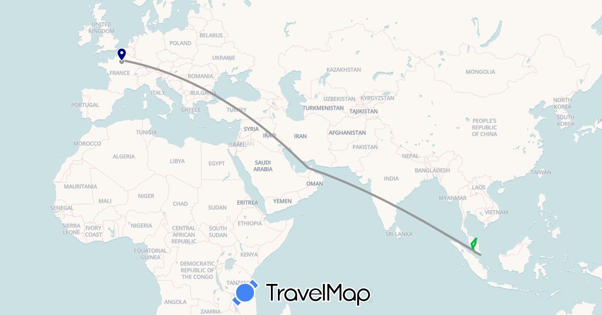 TravelMap itinerary: driving, bus, plane, boat in United Arab Emirates, France, Malaysia, Singapore (Asia, Europe)